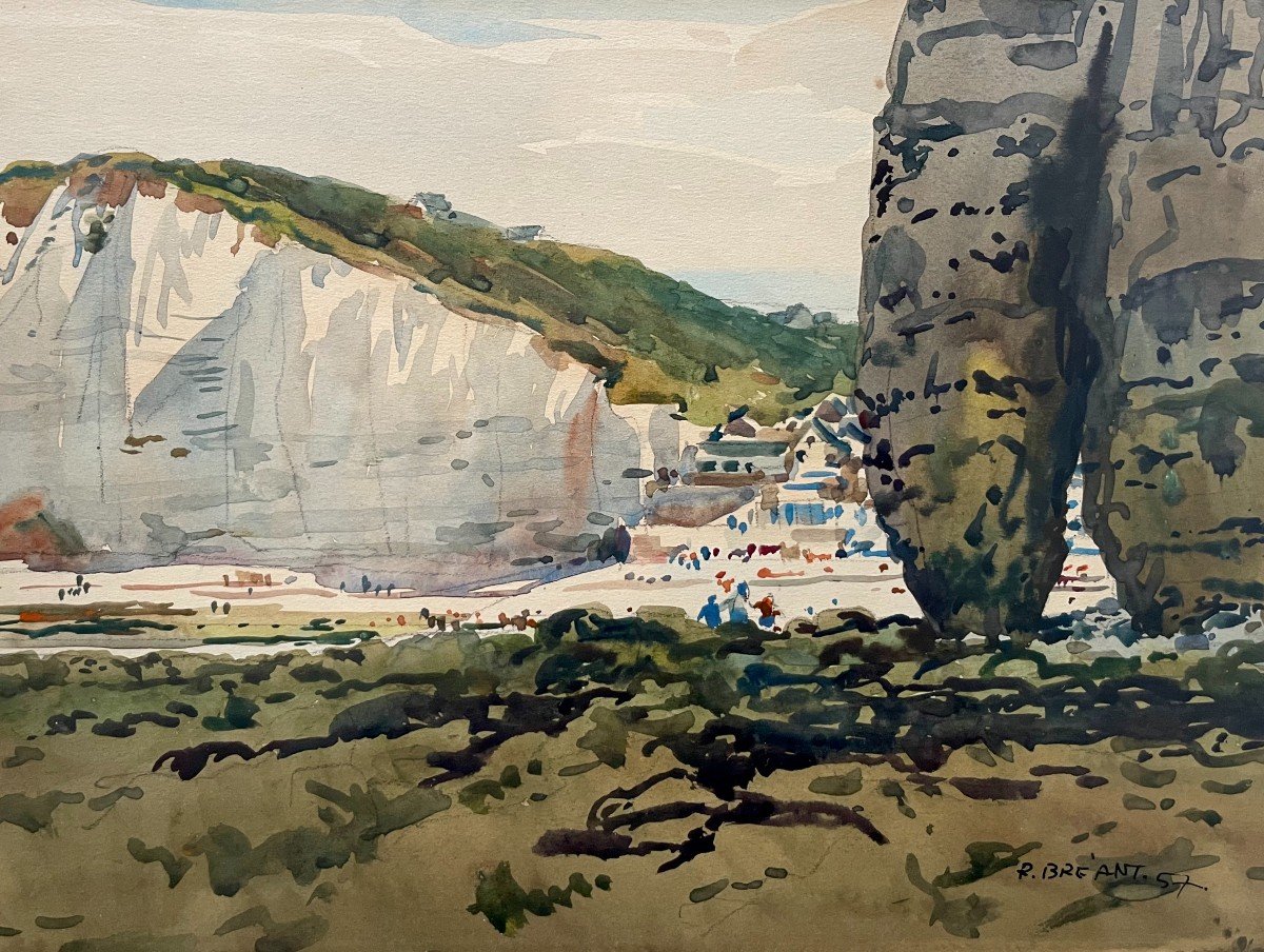 Plage Au Pied Des Falaises, Aquarelle Signée R. Bréant 57