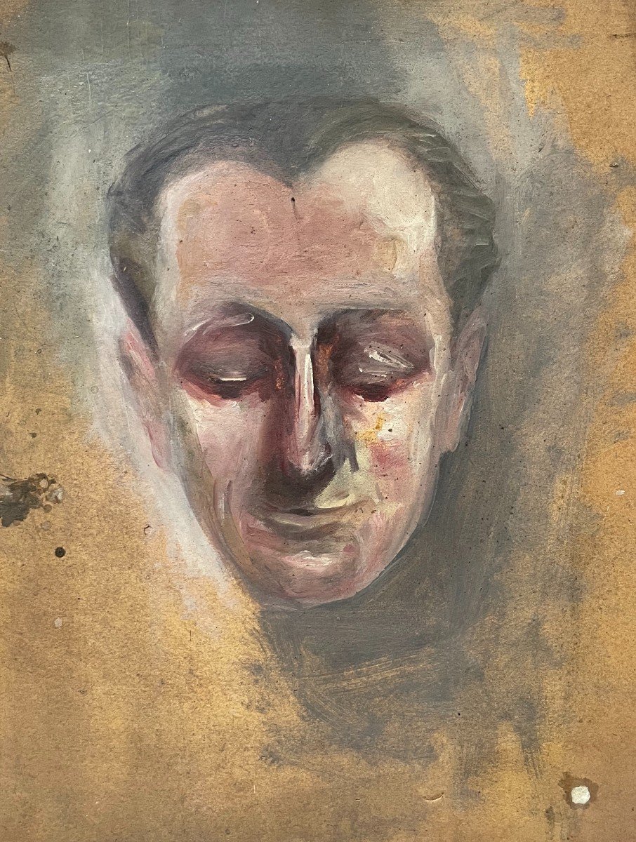 Man With Eyes Closed, Oil On Cardboard-photo-2