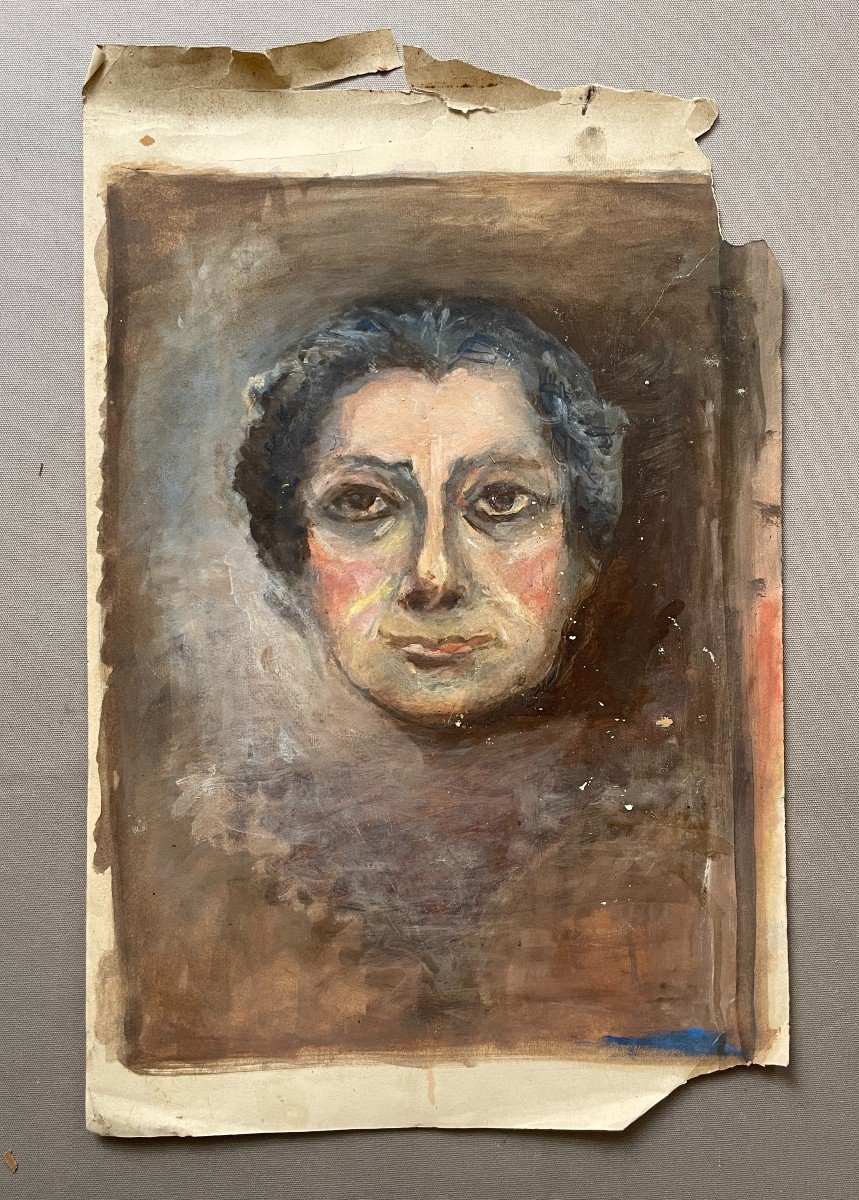 Portrait Of A Woman, Gouache, Early 20th Century-photo-2