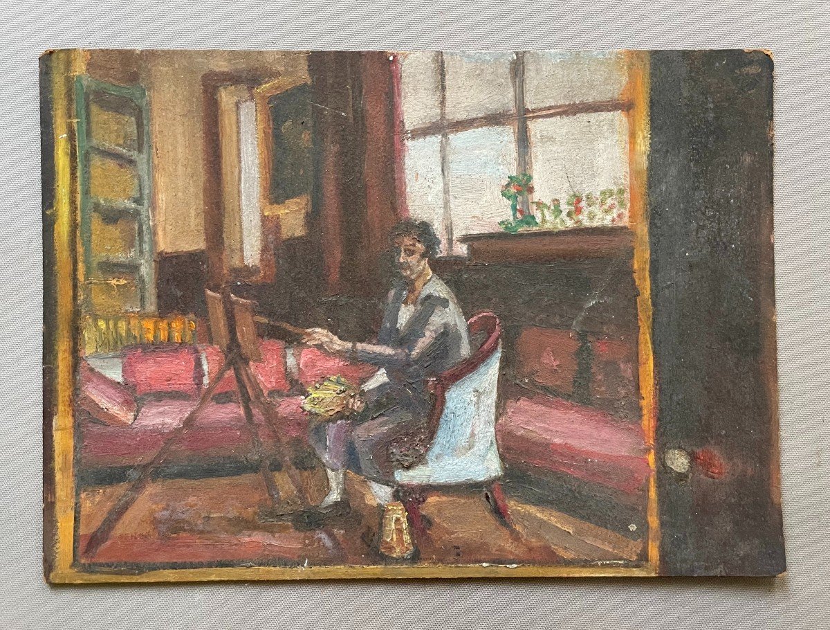 Woman At Her Easel, Oil On Cardboard