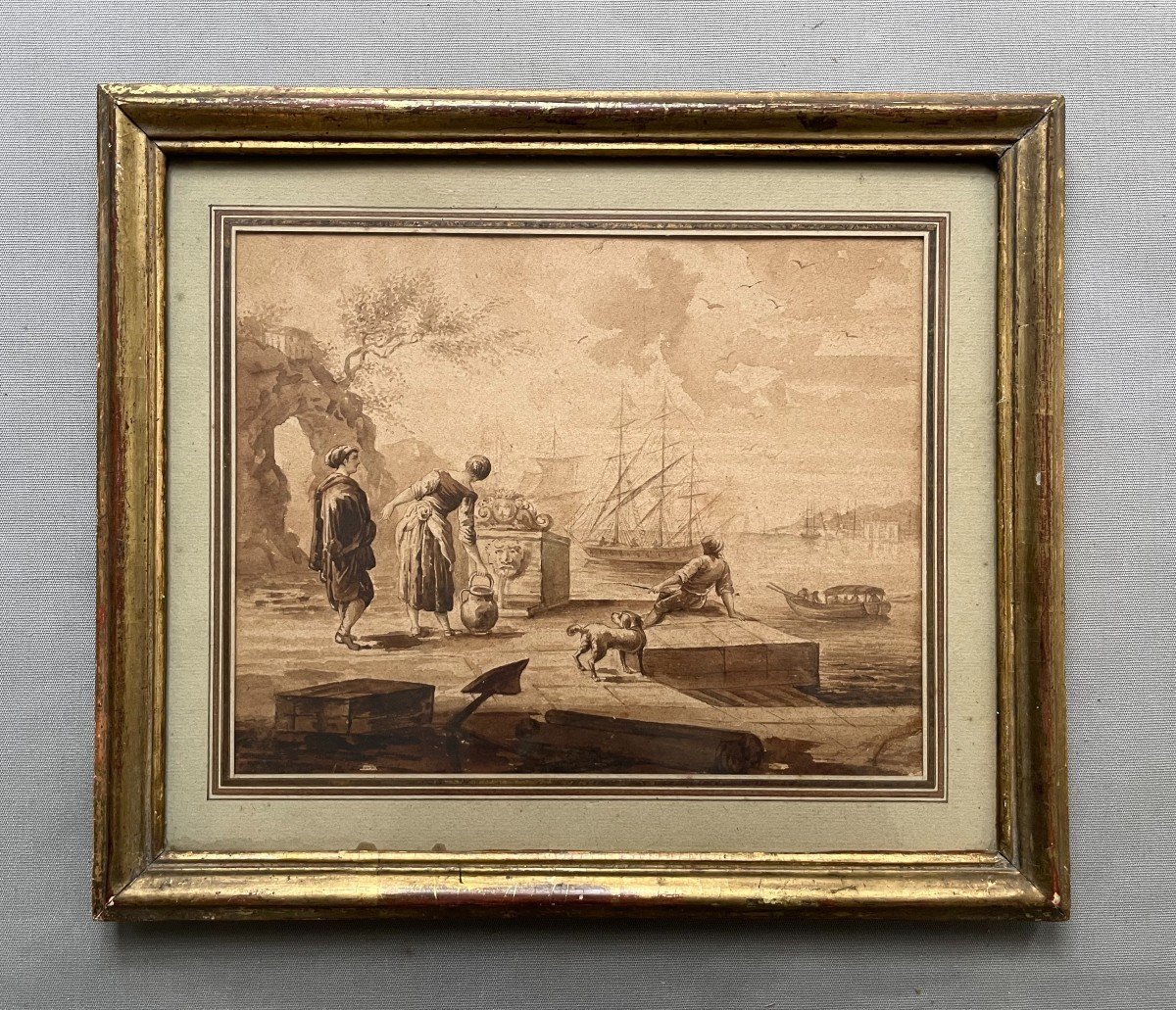 Animated Scene On A Quay, Wash, 18th Century-photo-2