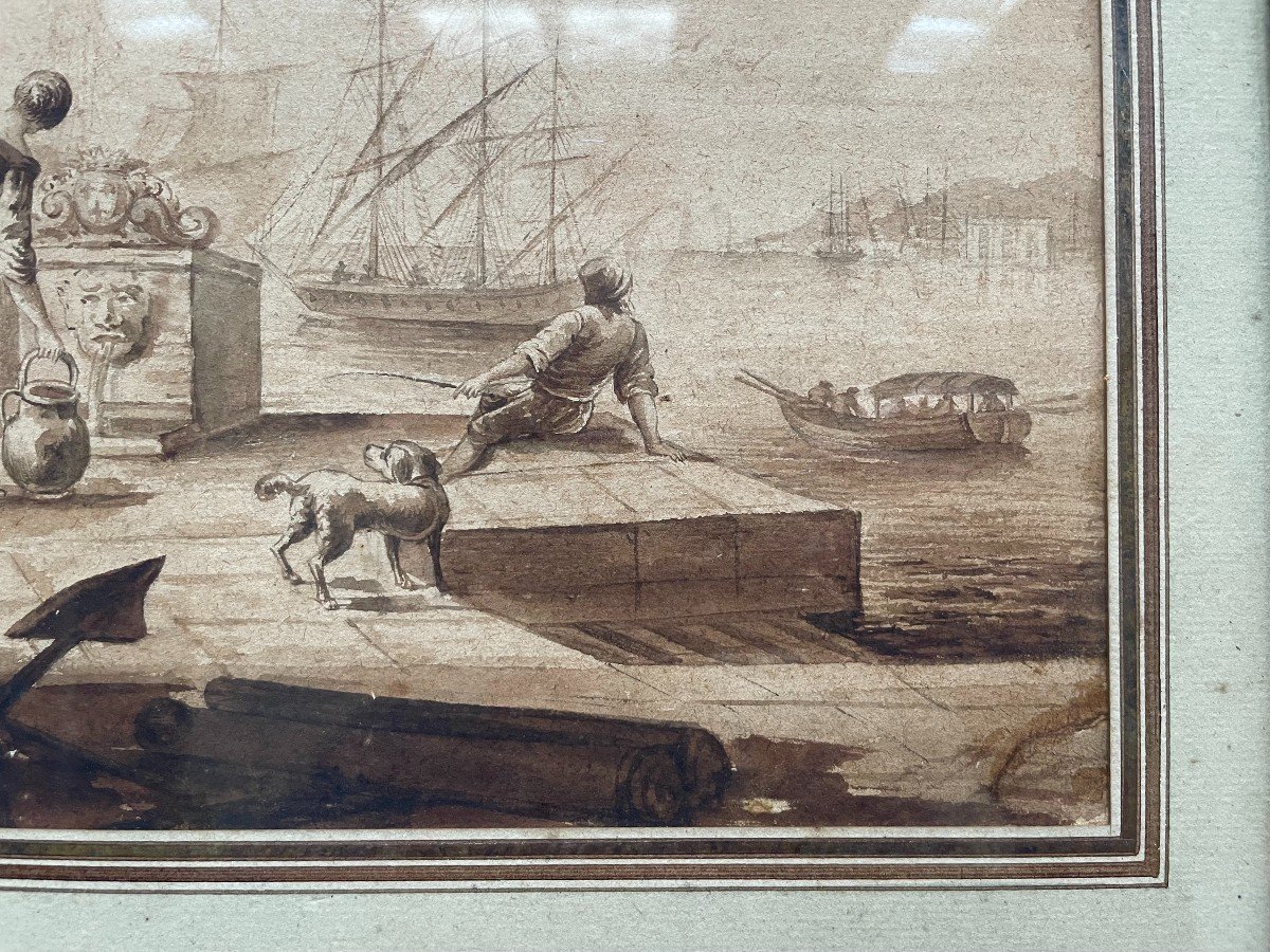 Animated Scene On A Quay, Wash, 18th Century-photo-1