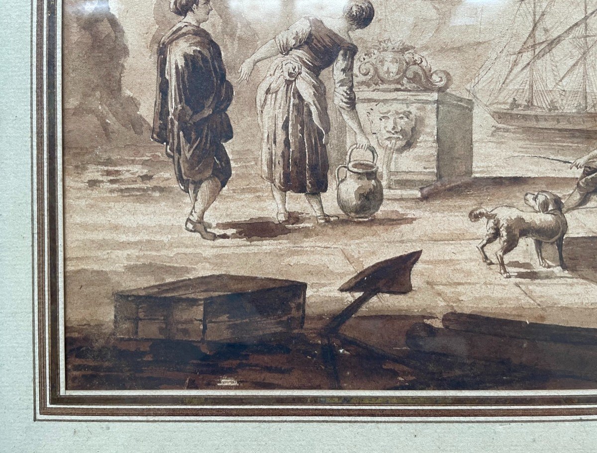 Animated Scene On A Quay, Wash, 18th Century-photo-2