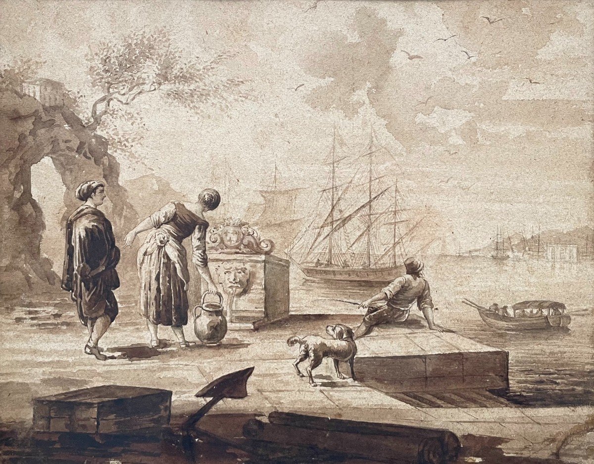 Animated Scene On A Quay, Wash, 18th Century