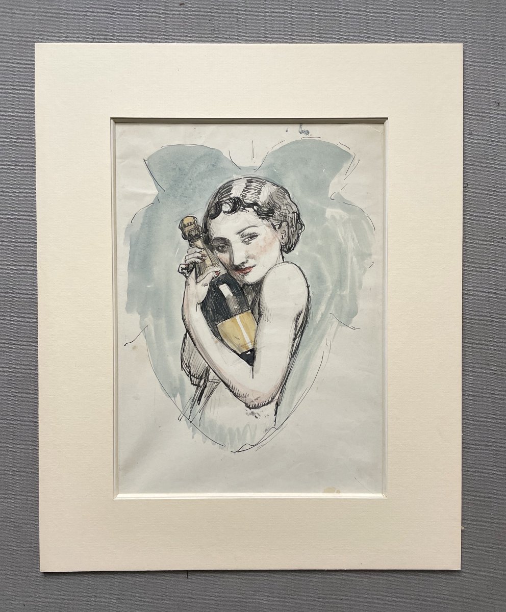 Woman And Bottle Of Champagne, Watercolor, Early 20th Century-photo-2