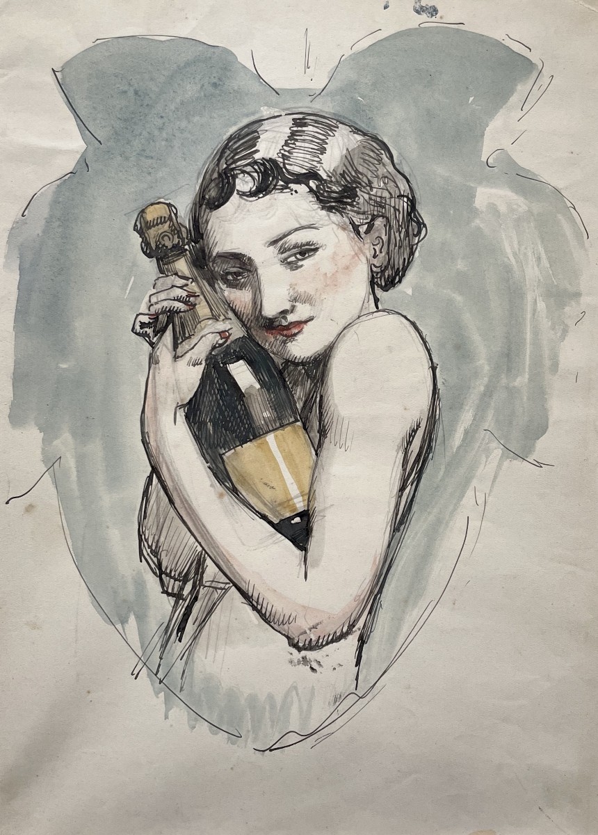 Femme Et Bouteille De Champagne, Aquarelle Début XXe