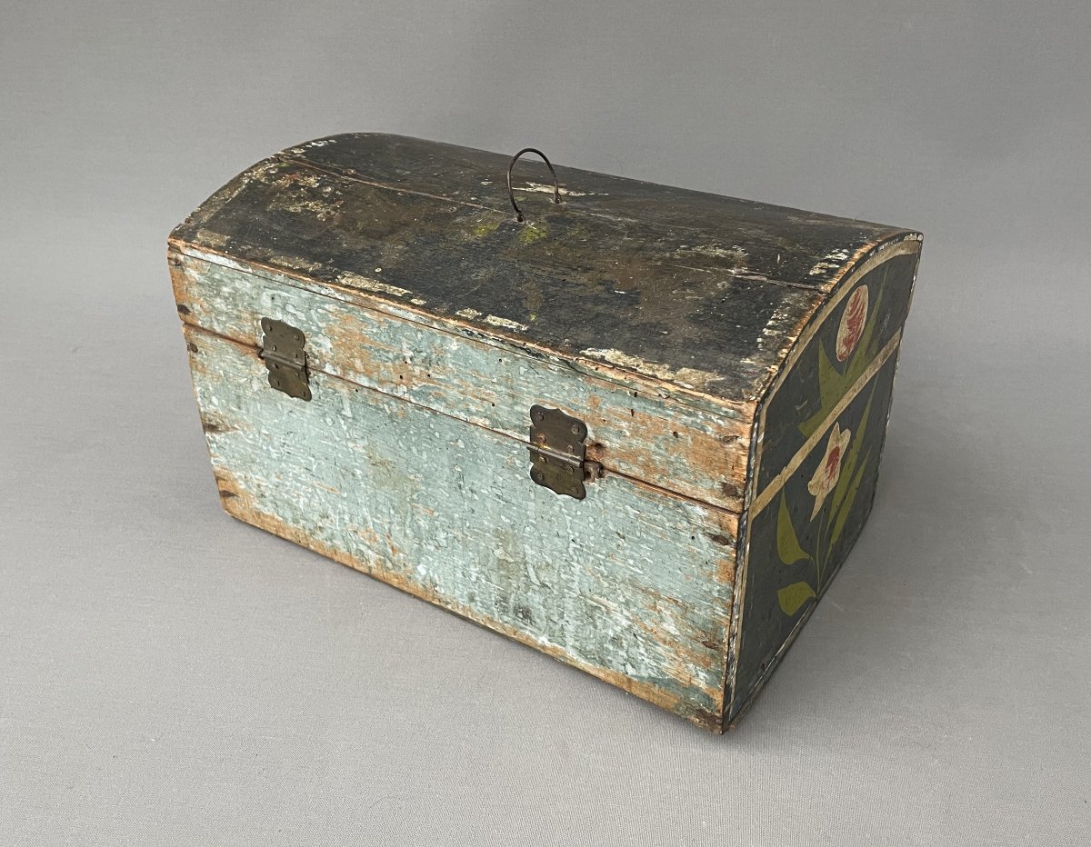 Polychrome Wooden Chest, Folk Art, 19th Century-photo-1