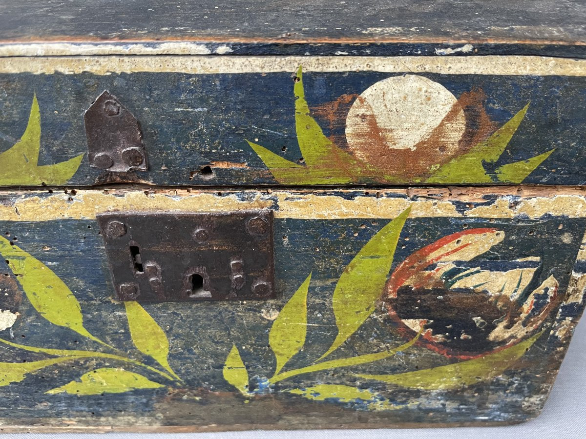 Polychrome Wooden Chest, Folk Art, 19th Century-photo-3