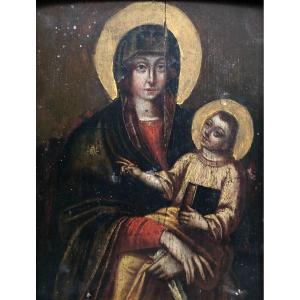 Virgin And Child, Oil On Panel Eighteenth