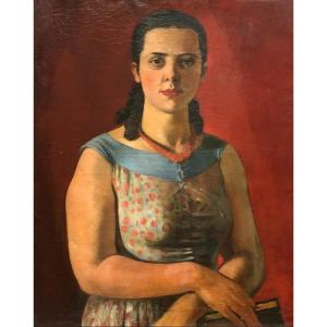 Portrait De Jeune Femme Sur Fond Rouge, Huile Sur Toile, Grand Format