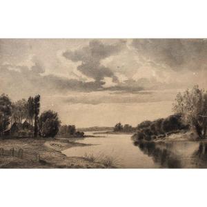 Landscape, River, Nineteenth Charcoal Drawing
