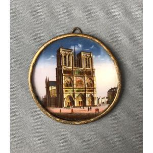  Notre Dame De Paris, Painted Miniature, Fixed Under Glass, 19th Century