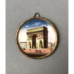  l'Arc De Triomphe, Miniature Peinte, Fixé Sous Verre, XIXe