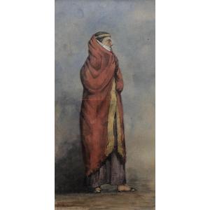 Oriental Woman, 19th Century Watercolor, Signature To Identify