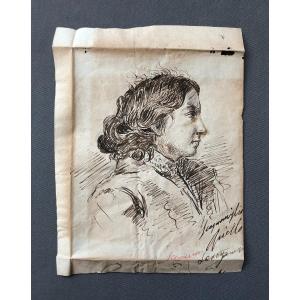 Aniello Scognamiglio, Woman Profile, Drawing In Brown Ink