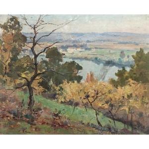 Louis Marius Gueit, Landscape With River, Oil On Canvas, 1935