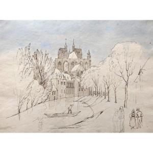 l'Eglise Notre Dame à Abbeville Depuis Le Pont d'Amour, Encre Brune Et Aquarelle