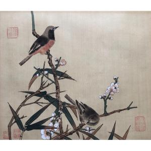 Oiseaux Branchés, Peinture Sur Soie, Chine, XXe