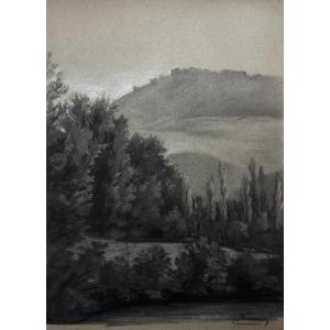 Paysage, Dessin Au Fusain Signé L. Fournier