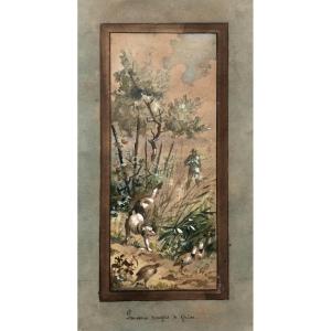 Red And Gray Partridges, Small Hunting Watercolor, 19th Century