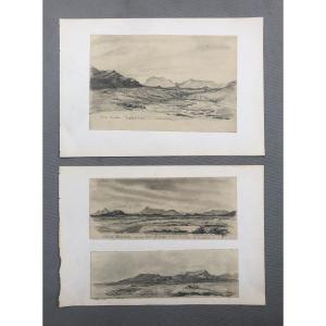 Views Of The Sierra Nevada, Three Drawings Late 19th Century