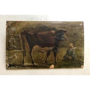 Cow And Character, Oil On Paper 19th Century