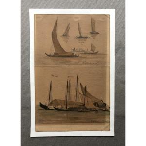 Venice Boats, Watercolor Drawing, 19th Century
