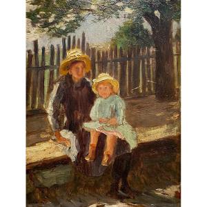 Camille Boiry, Woman And Child In The Sun, Oil On Panel Early 20th Century