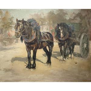 Clémentine Hélène Dufau, Harnessed Horses, Oil On Canvas, Large Format