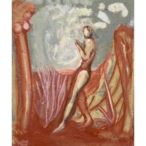 Character In A Surreal Landscape, Gouache, Bg Monogram