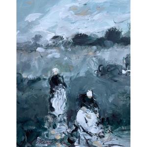 Breton Washerwomen, Gouache, Signature To Identify