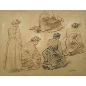 Study Of Women, Drawing With Three Pencils, Signature To Identify