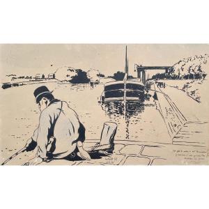 Fisherman On The Bank Of The Seine In Clichy, Late 19th Century Drawing
