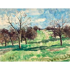 René Teil, Orchard, Watercolor Dated 1948