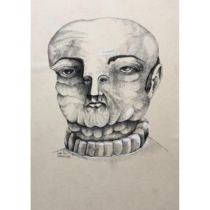 Portrait, Surrealist School, Drawing Signed Humbert And Dated 1975