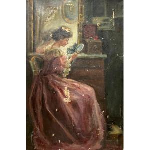 Mary Riter Hamilton, Elégante Face à Son Miroir, Huile Sur Toile à Restaurer