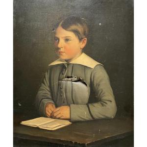 Portrait Of Young Boy, Oil On Canvas 19th Century