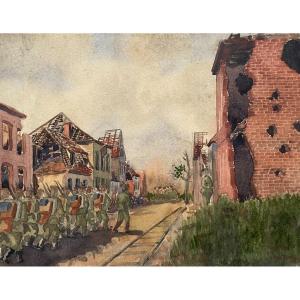 Groupe De Soldats Dans Une Ville En Ruines, Aquarelle Signée Et Datée (19)16
