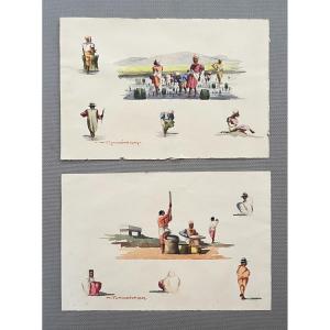 Albert Ranaivoson, Two Malagasy Watercolors