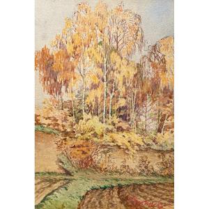  Autumn Landscape, Watercolor Signed And Dated 1907 