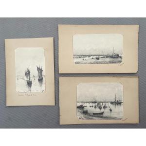 Arcachon, Tuna Fishermen, 3 Drawings, Late 19th Century