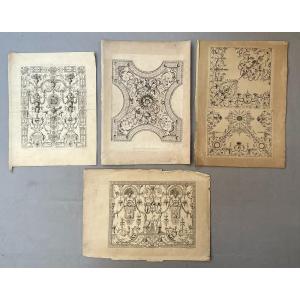 Ceiling And Wall Decoration Projects, 4 18th Century Engraving After Berain