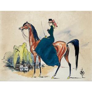 Horsewoman, Watercolor Monogrammed And Dated 1942