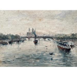 View Of The Seine In Paris, Watercolor Signed G. Garcia