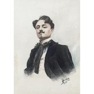 Portrait Of A Man, Watercolor Early 20th Century Signed Bordes