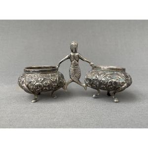 Salt Cellar In Silver Or Silvered Bronze, 19th Century Asian Work