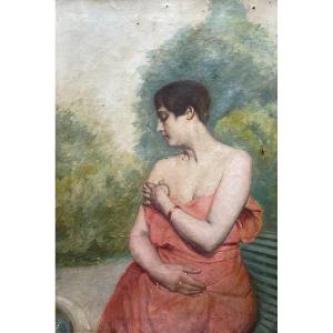 Portrait De Femme Sur Un Banc, Huile Sur Toile, Début XXe