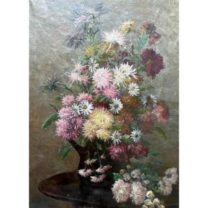 Bouquet De Fleurs, Huile Sur Toile Fin XIXe, Grand Format