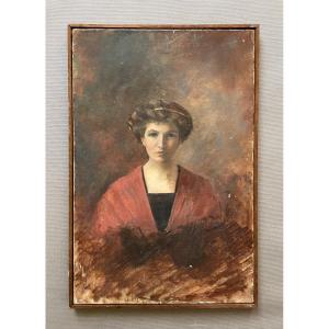 Portrait De Femme En Rouge, Huile Sur Toile Début XXe