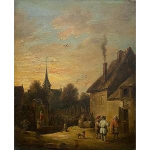 Animated Scene, Oil On Panel, Flemish School 18th Century